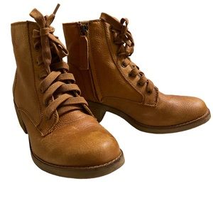 Dingo Leather Cognac Lace Up Side Zip Ankle Boots Stacked Heel Size 7